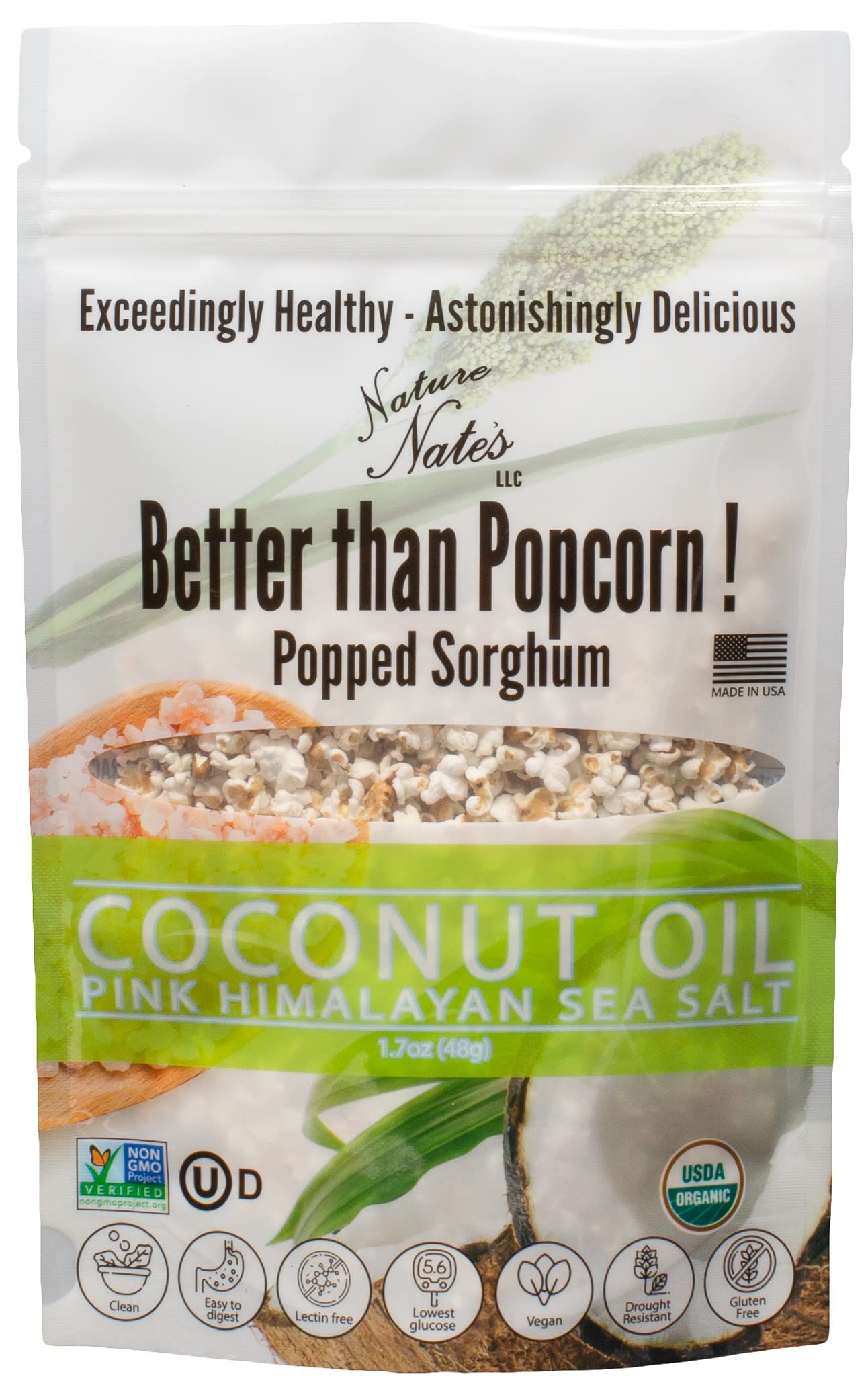Nature Nate's close-up texture of popped sorghum highlighting crispness