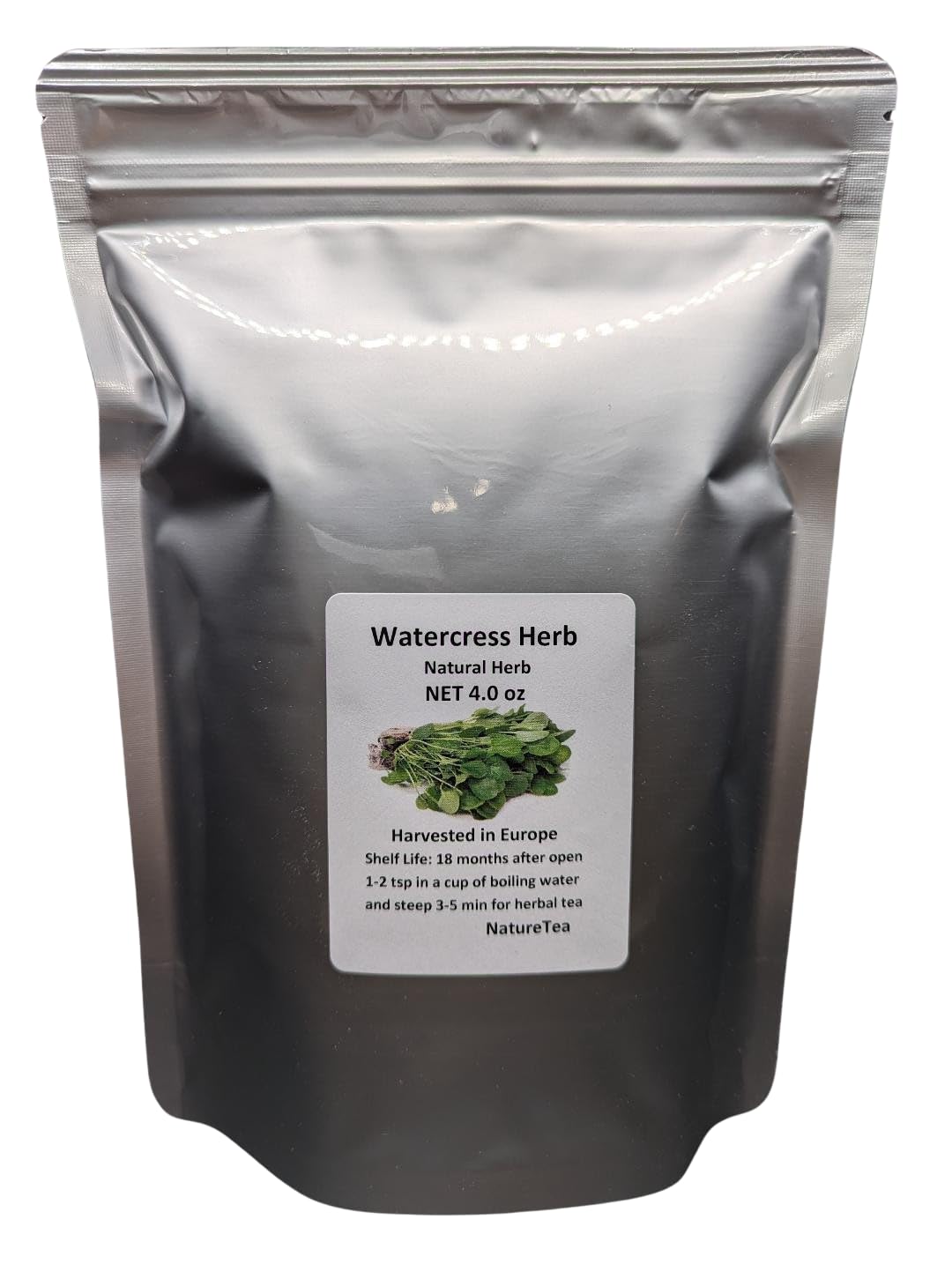 Nature Tea front packaging showing 4 oz watercress herb, clear label for easy identification and storage