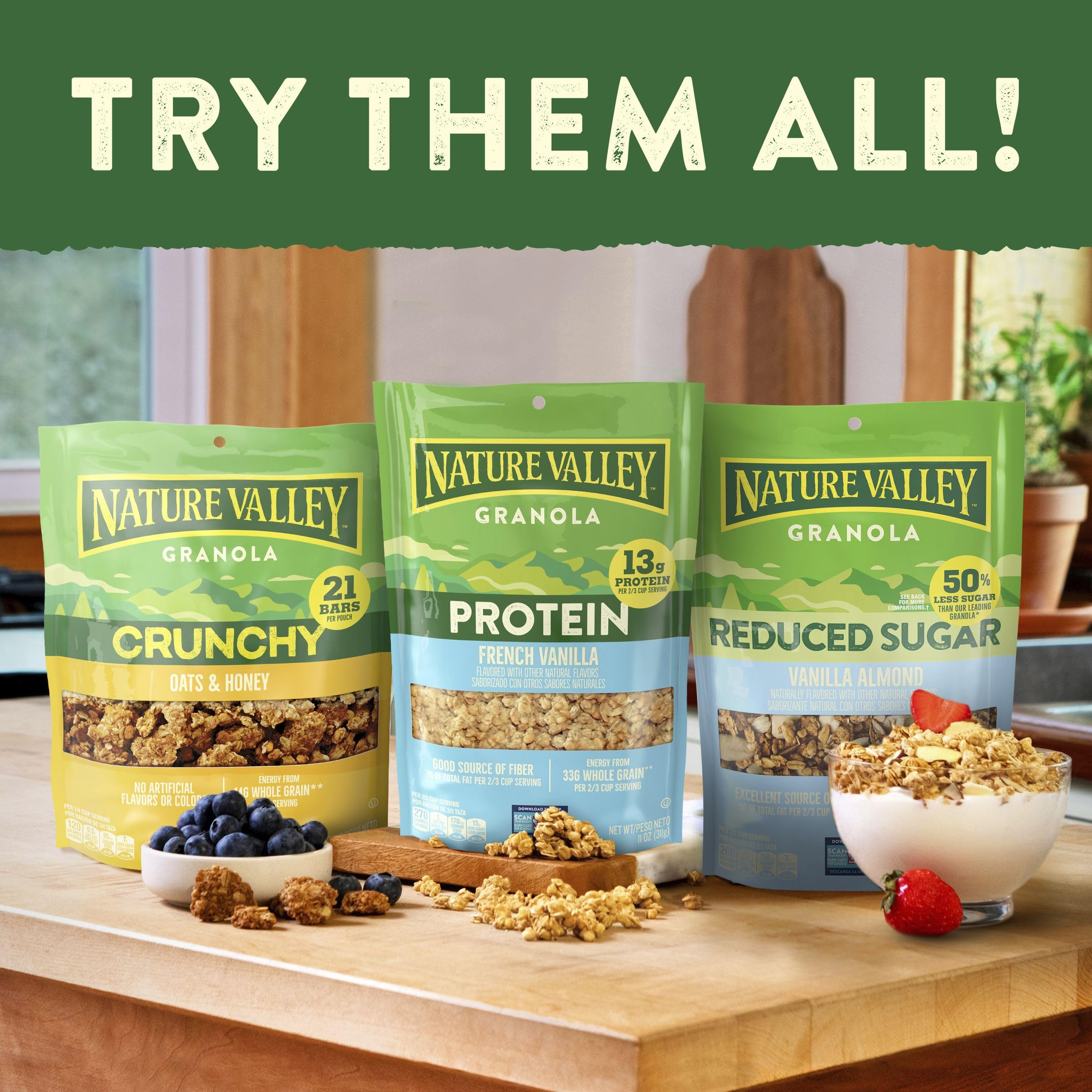 Nature Valley nutritional panel highlighting reduced sugar and fiber facts