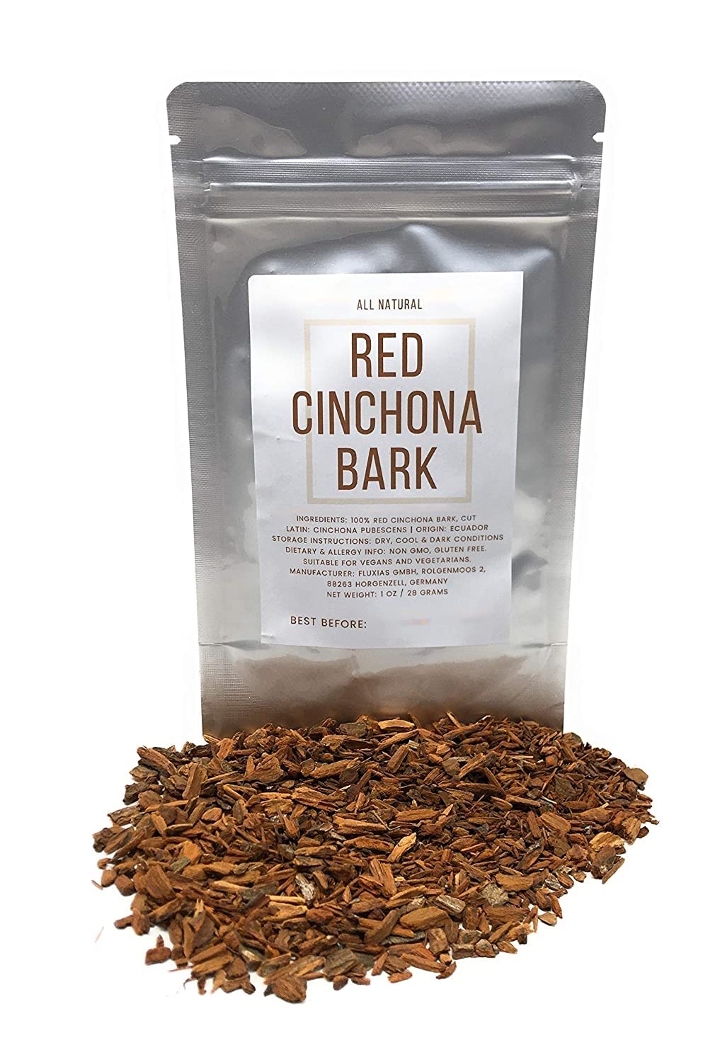 Naturegrail front packaging of red cinchona bark showing product label and weight, clear storage benefit