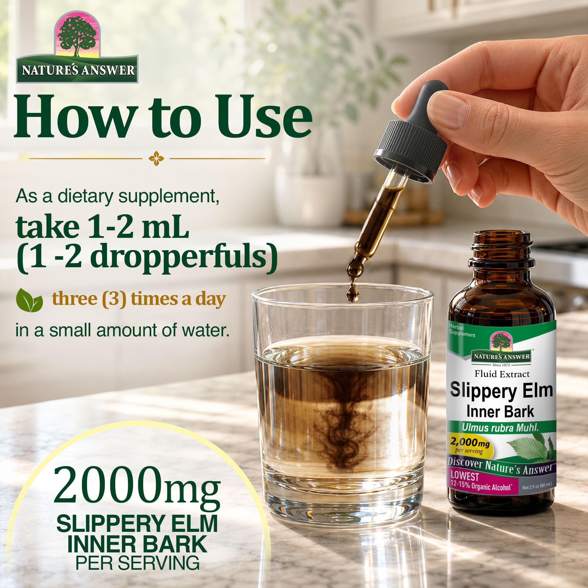 Nature's Answer bottle beside tea cup in kitchen for easy mixing