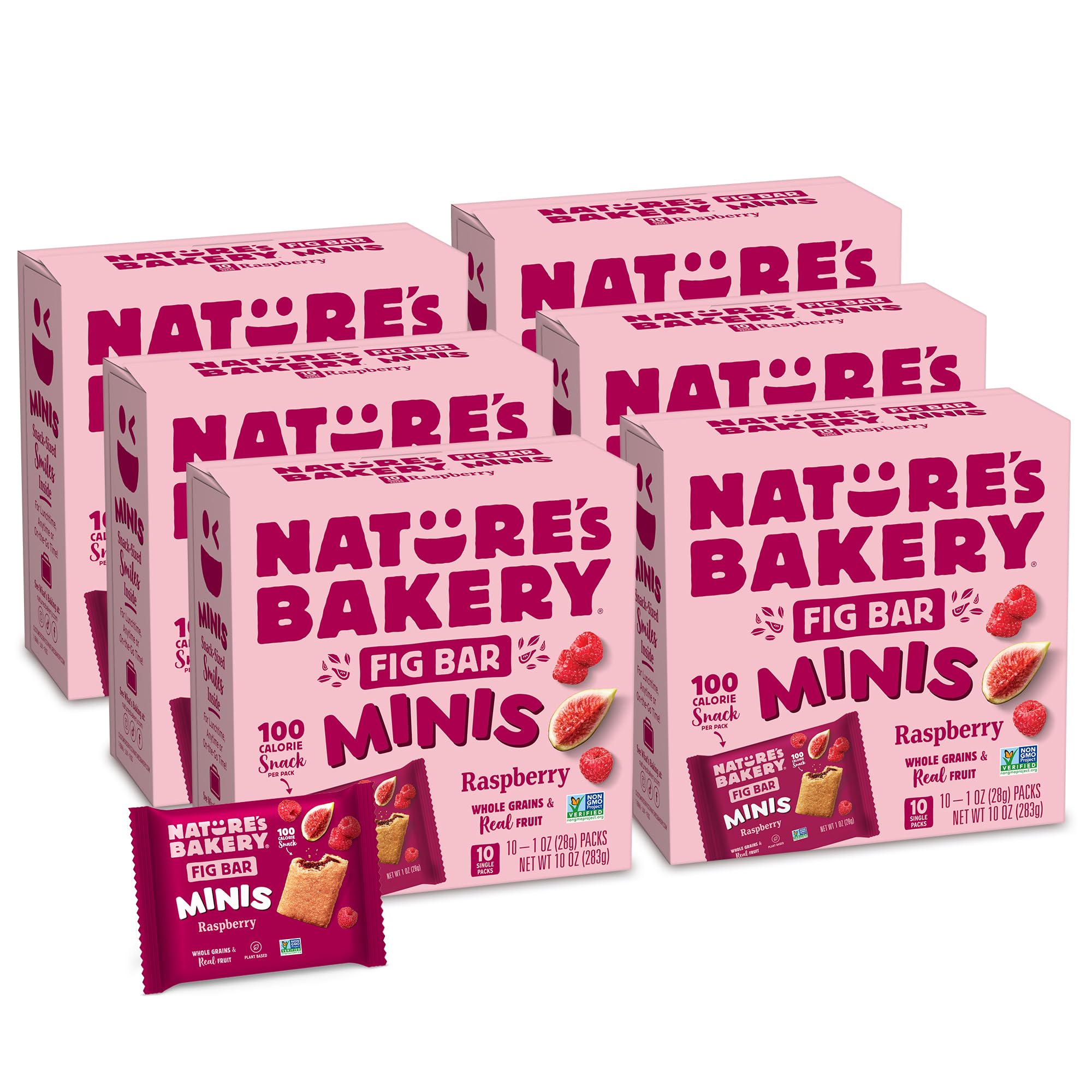 Nature's Bakery front packaging showing raspberry minis and benefits