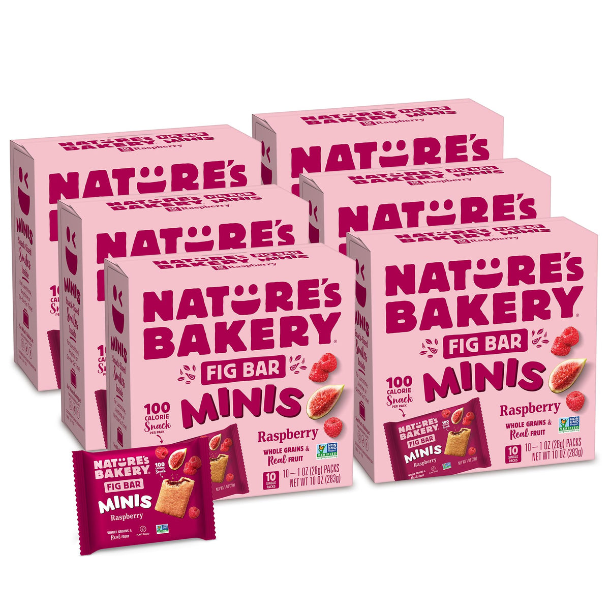 Nature's Bakery front packaging showing raspberry minis and benefits