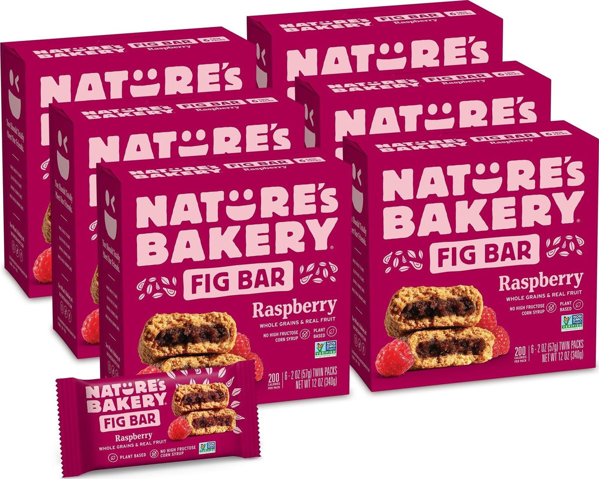 Nature's Bakery front box showing raspberry fig bars and convenience benefits
