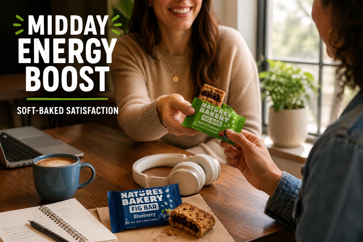 Nature's Bakery size comparison next to phone showing compact, travel-ready benefit