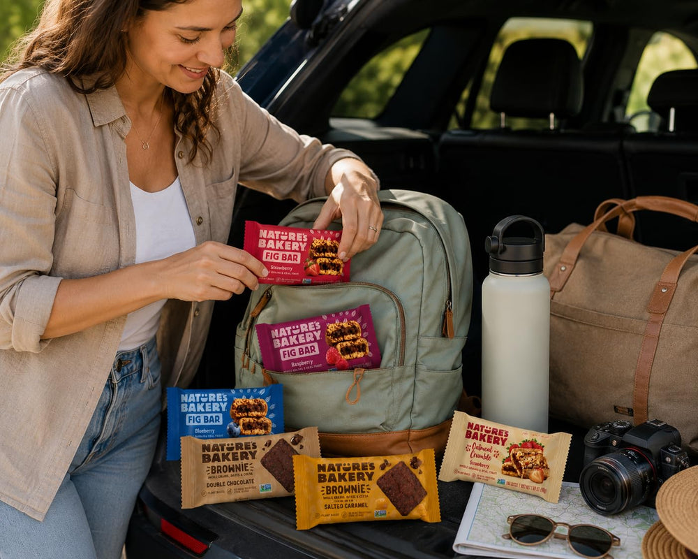 Nature's Bakery snack bar inside a travel bag for on-the-go energy