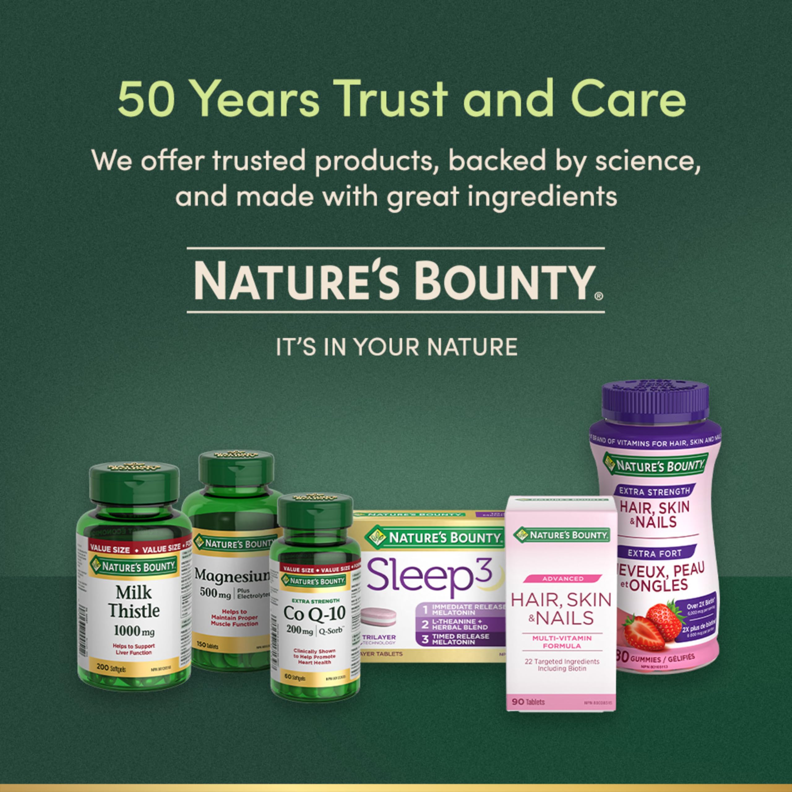 Nature's Bounty capsules spilled on table displaying capsule count and supplement accessibility