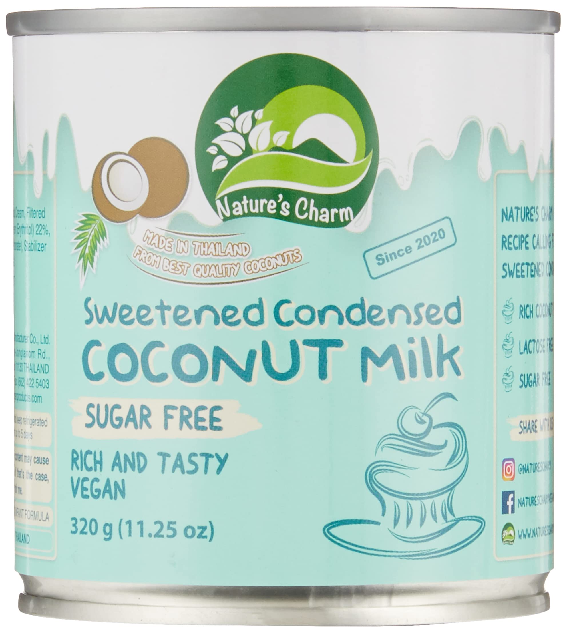 Nature's Charm front can and 6-pack showing label and serving spoon, highlights convenience