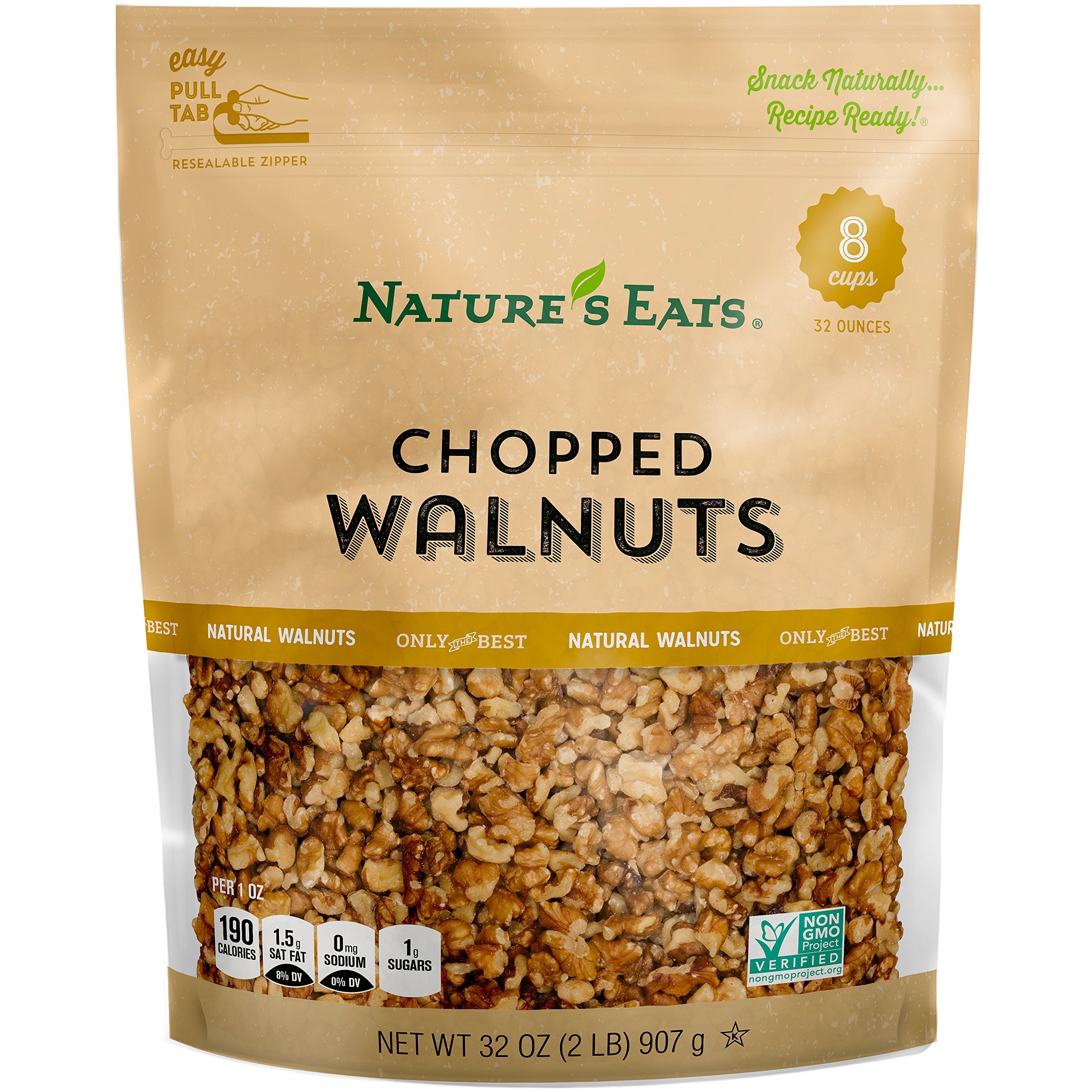 Nature's Eats front pouch showing 32 oz bag and resealable top for pantry convenience