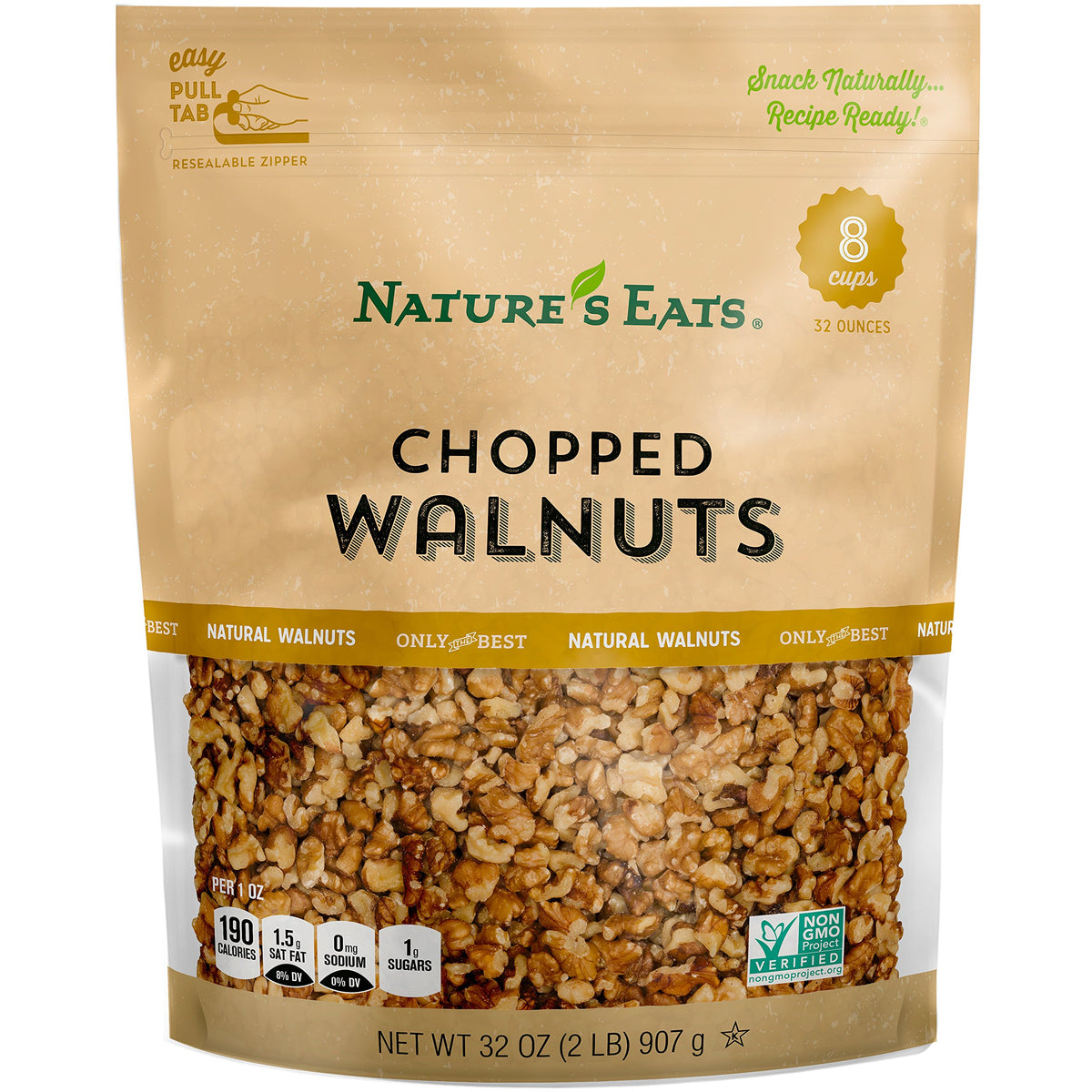 Nature's Eats front pouch showing 32 oz bag and resealable top for pantry convenience