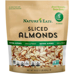Nature's Eats front of bag showing 16 oz resealable almonds and clean ingredients benefit