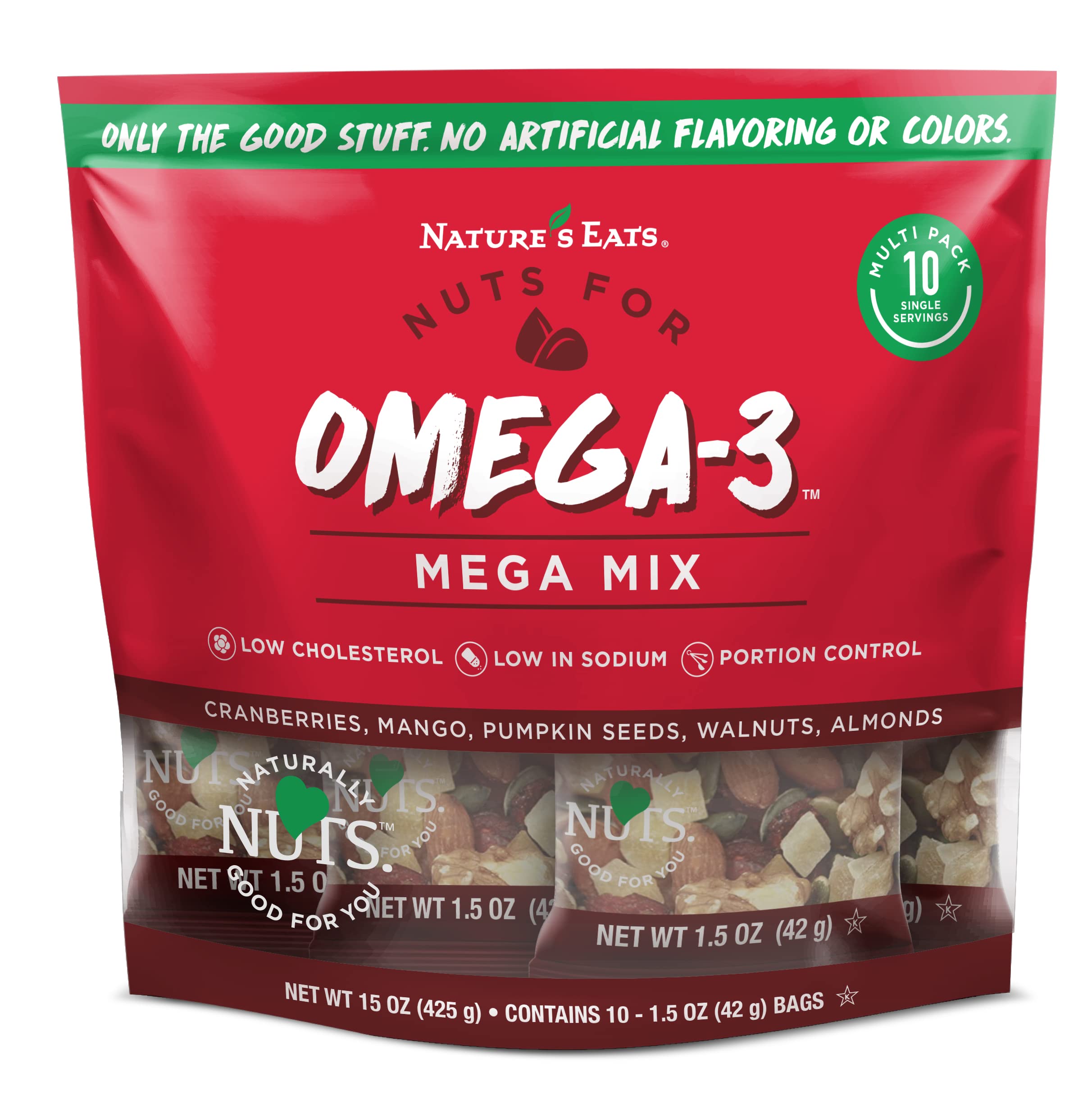 Nature's Eats front packaging showing 15 oz omega 3 mix, low sodium benefit