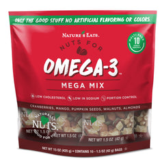 Nature's Eats front packaging showing 15 oz omega 3 mix, low sodium benefit