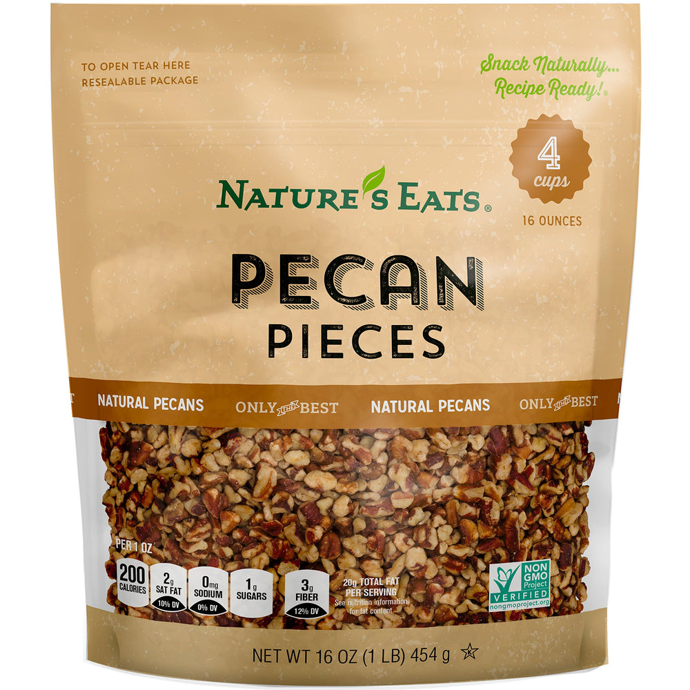 Nature's Eats front packaging of 16 oz pecan pieces showing label and resealable bag benefit