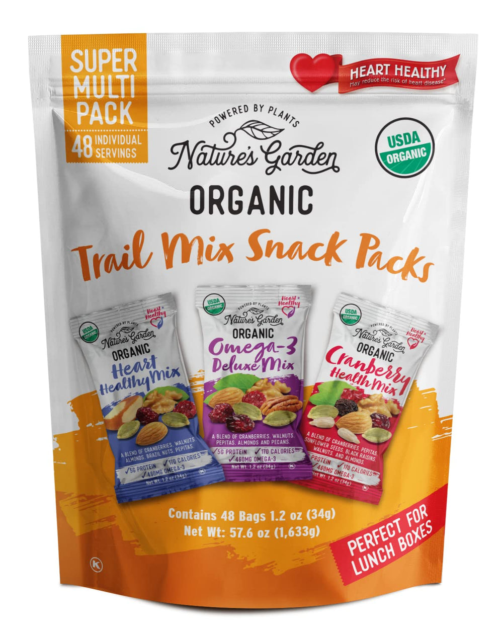 Nature's Garden front packaging showing bulk 48-pack and organic label benefit