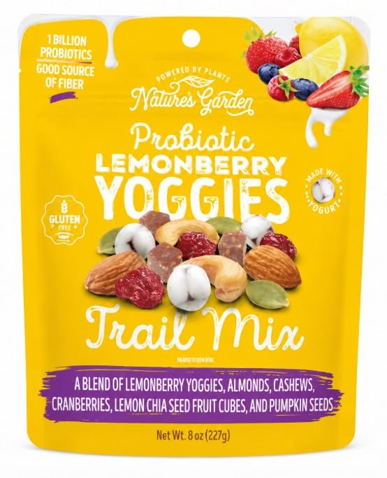 Nature's Garden front pouch showing Lemonberry Yoggies trail mix for tasty portable snacking