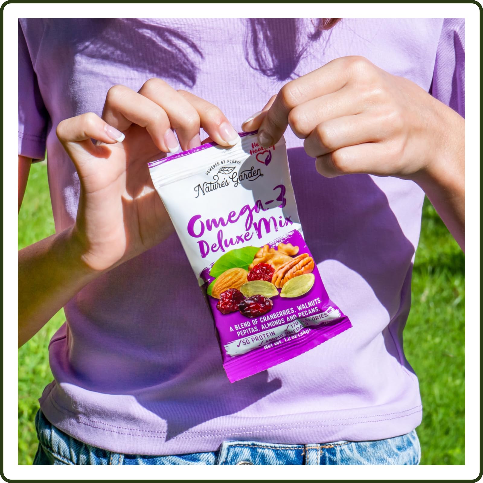 Nature's Garden snack pack on hiking trail demonstrating on-the-go energy and convenience