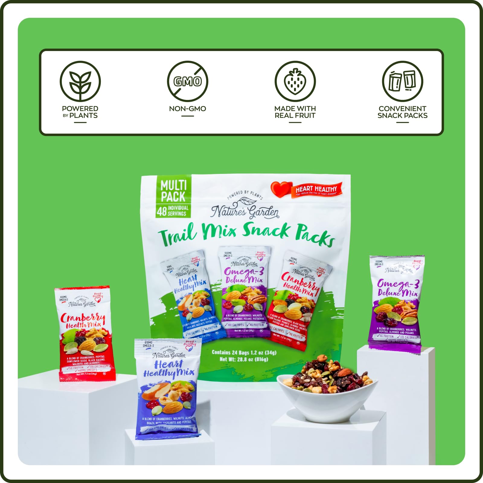 Nature's Garden pouch beside ruler showing compact 1.2oz size for portion control