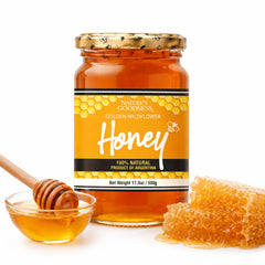 Nature's Goodness front label on glass jar showing golden honey, attractive for gifting