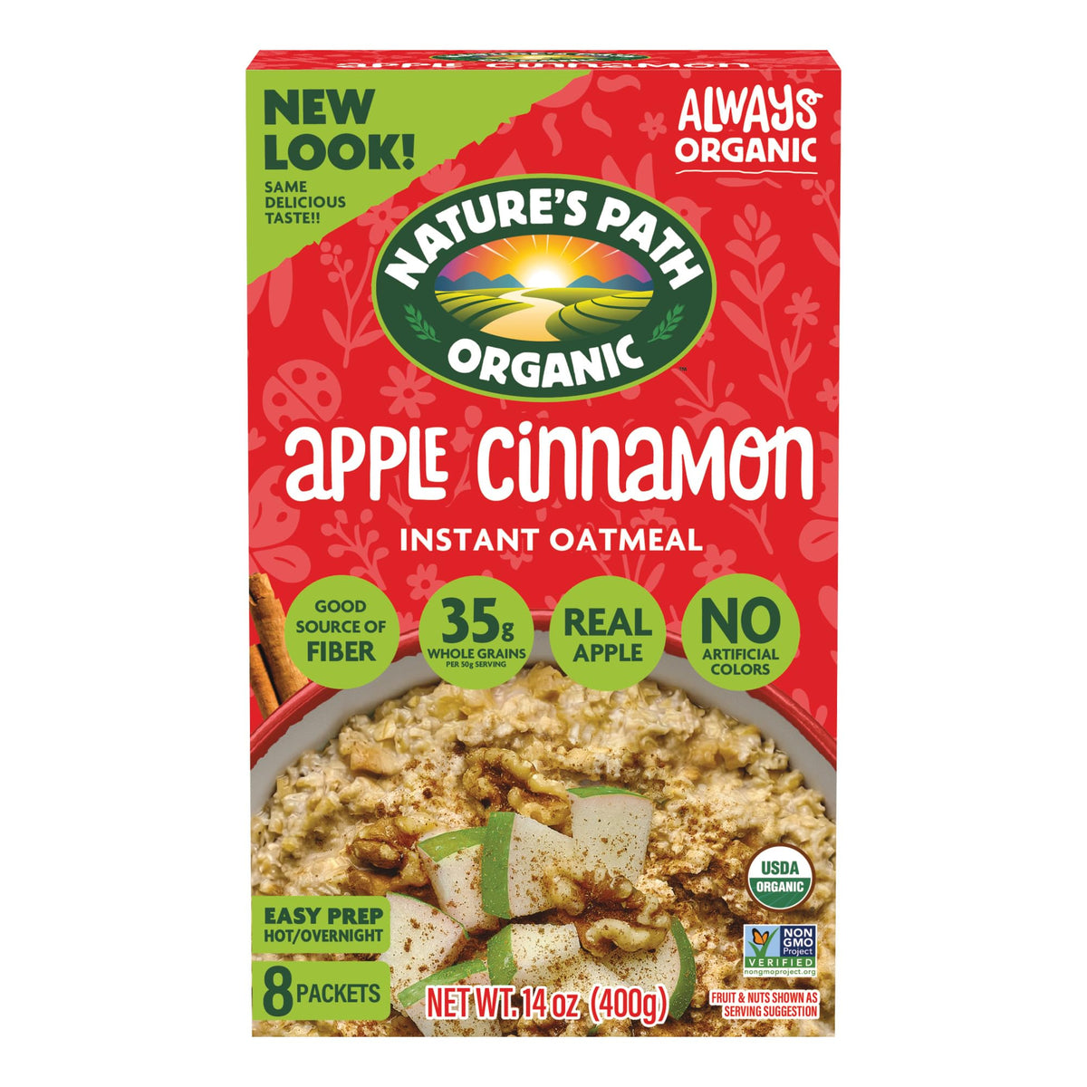Nature's Path front packaging showing apple cinnamon oatmeal, easy breakfast ready