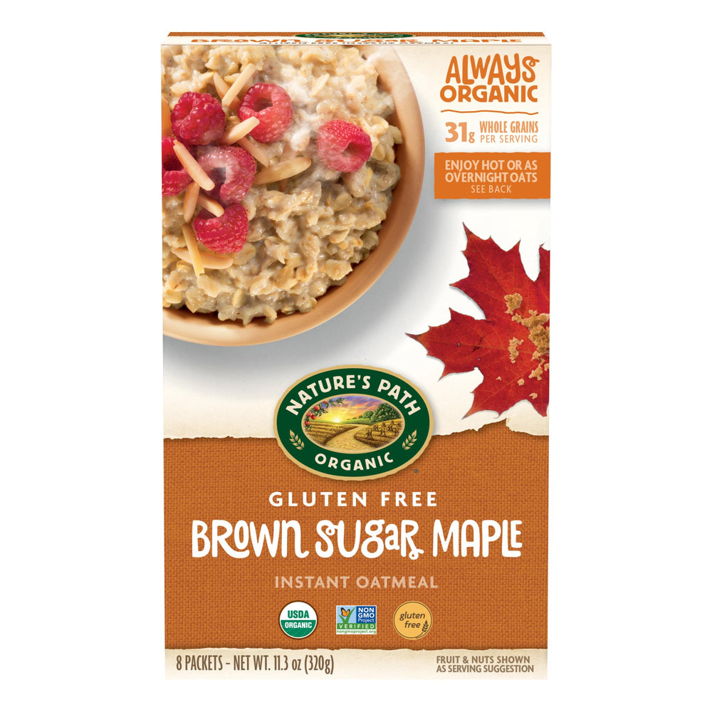 Nature's Path front of box showing brown sugar maple flavor and organic badge, highlights convenience