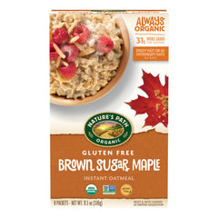 Nature's Path front of box showing brown sugar maple flavor and organic badge, highlights convenience