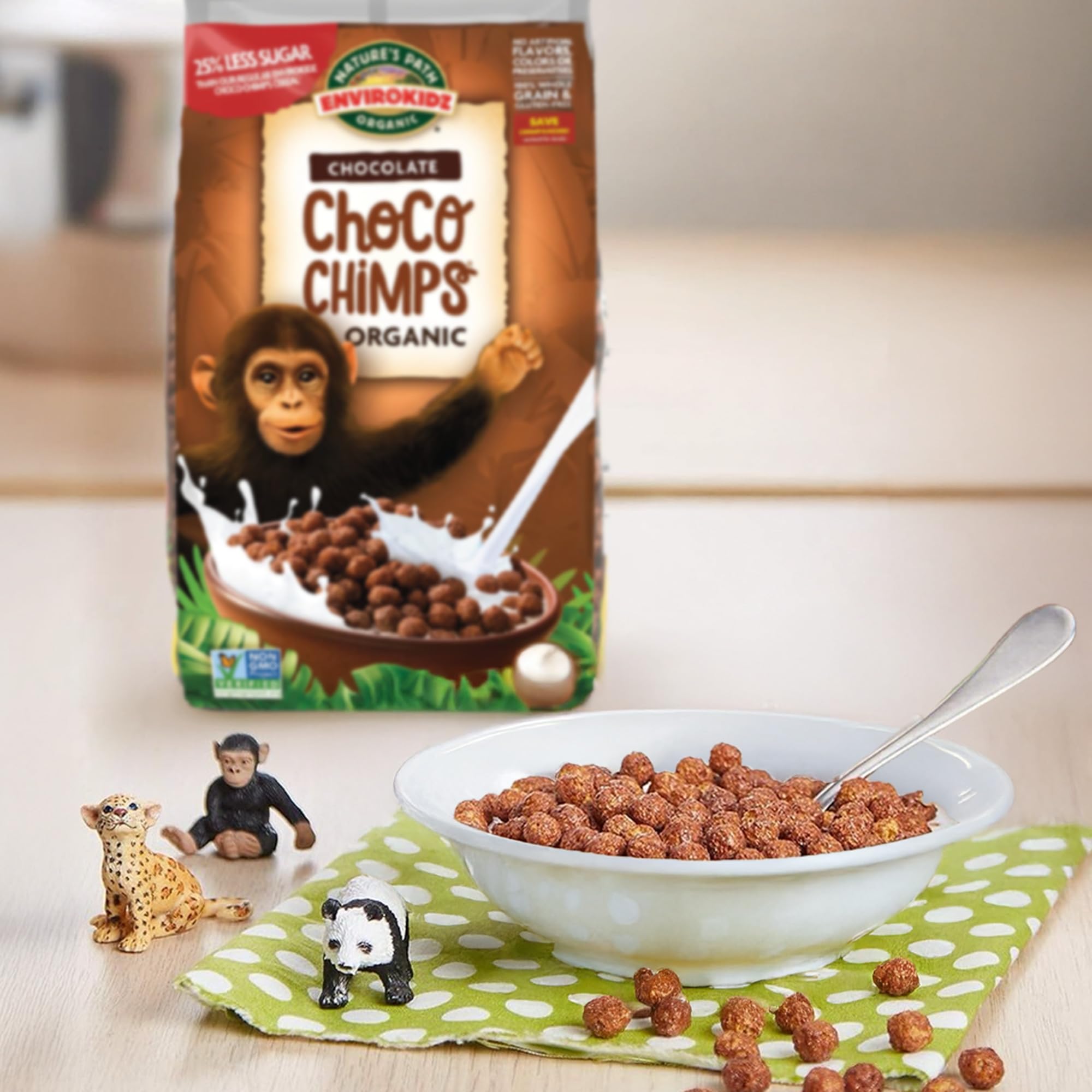 Nature's Path bowl of Choco Chimps with milk highlighting staying-crisp benefit