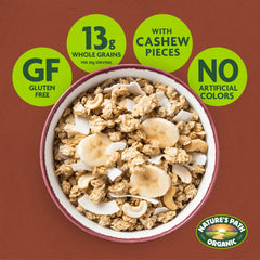Nature's Path coconut chunks and whole cashews detail showing nutty flavor and chewy pieces
