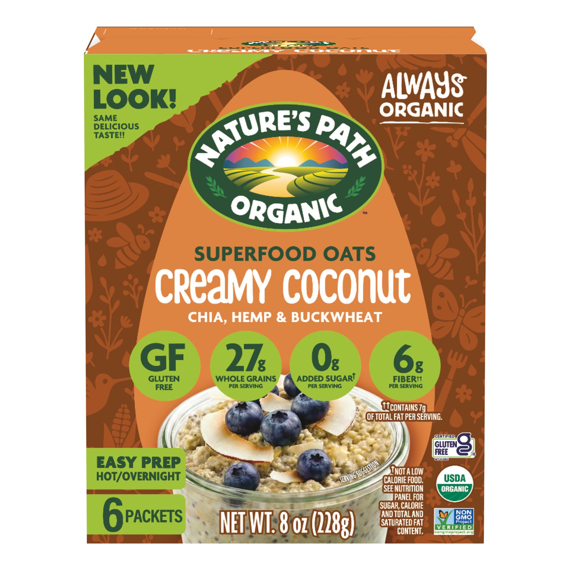 Nature's Path front box view showing organic creamy coconut oatmeal and benefits