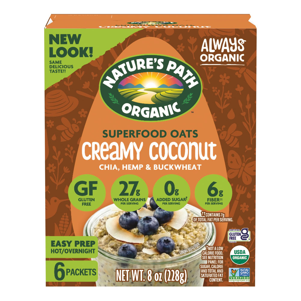 Nature's Path front box view showing organic creamy coconut oatmeal and benefits