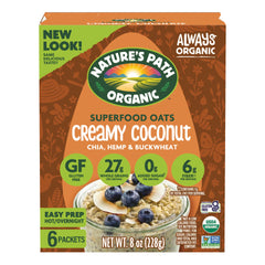 Nature's Path front box view showing organic creamy coconut oatmeal and benefits