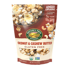 Nature's Path front packaging showing coconut & cashew butter granola and product benefits