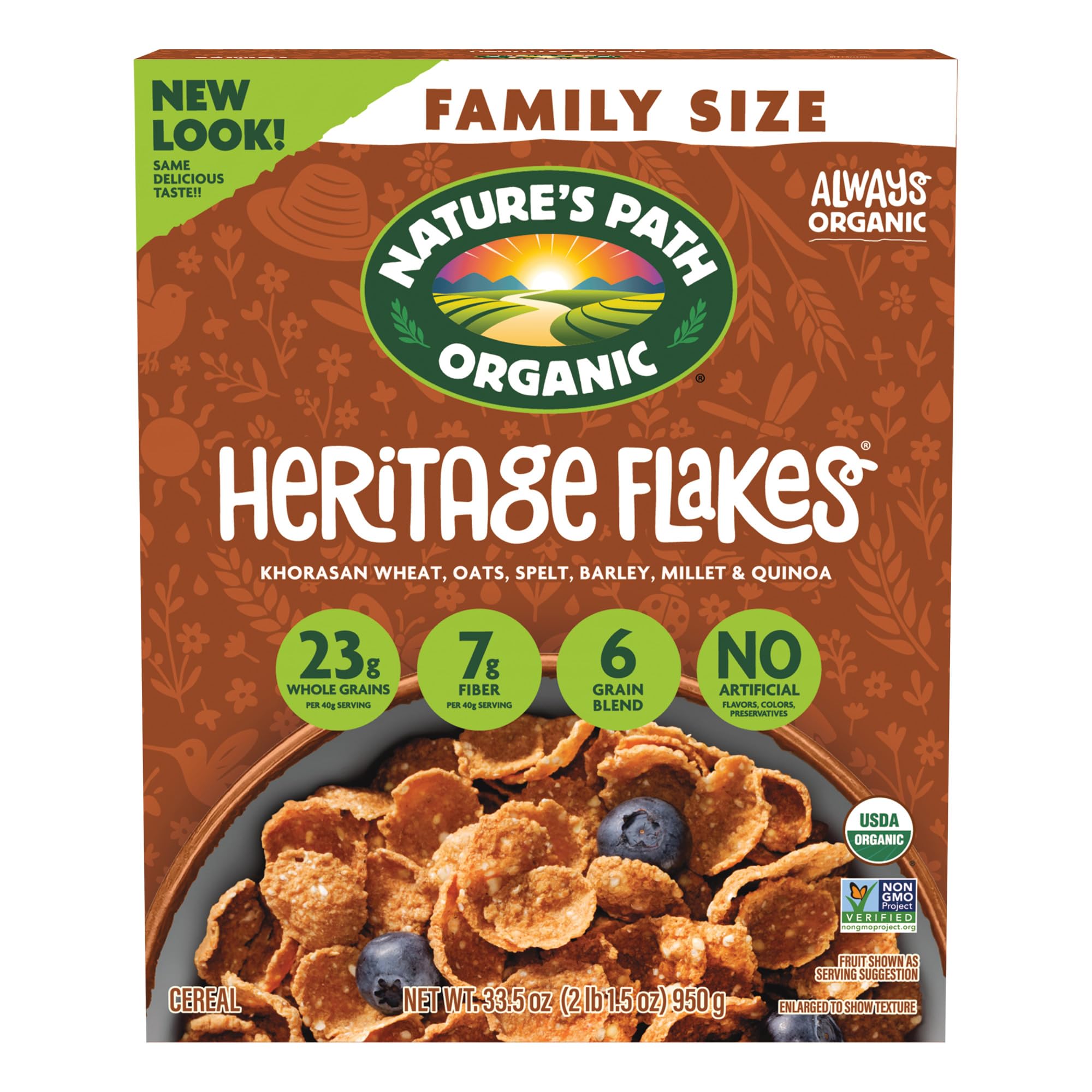 Nature's Path front packaging showing four 33.5 oz boxes and organic badge for pantry-ready supply