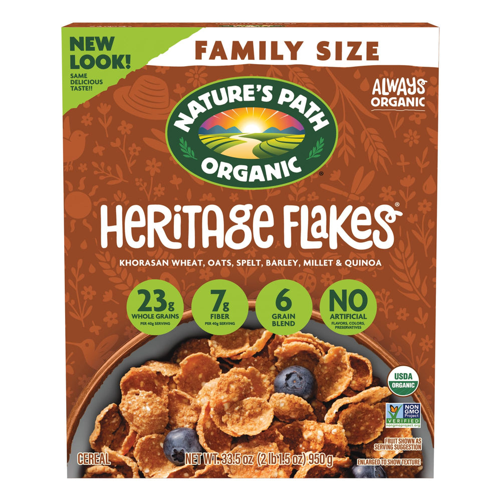 Nature's Path front packaging showing four 33.5 oz boxes and organic badge for pantry-ready supply