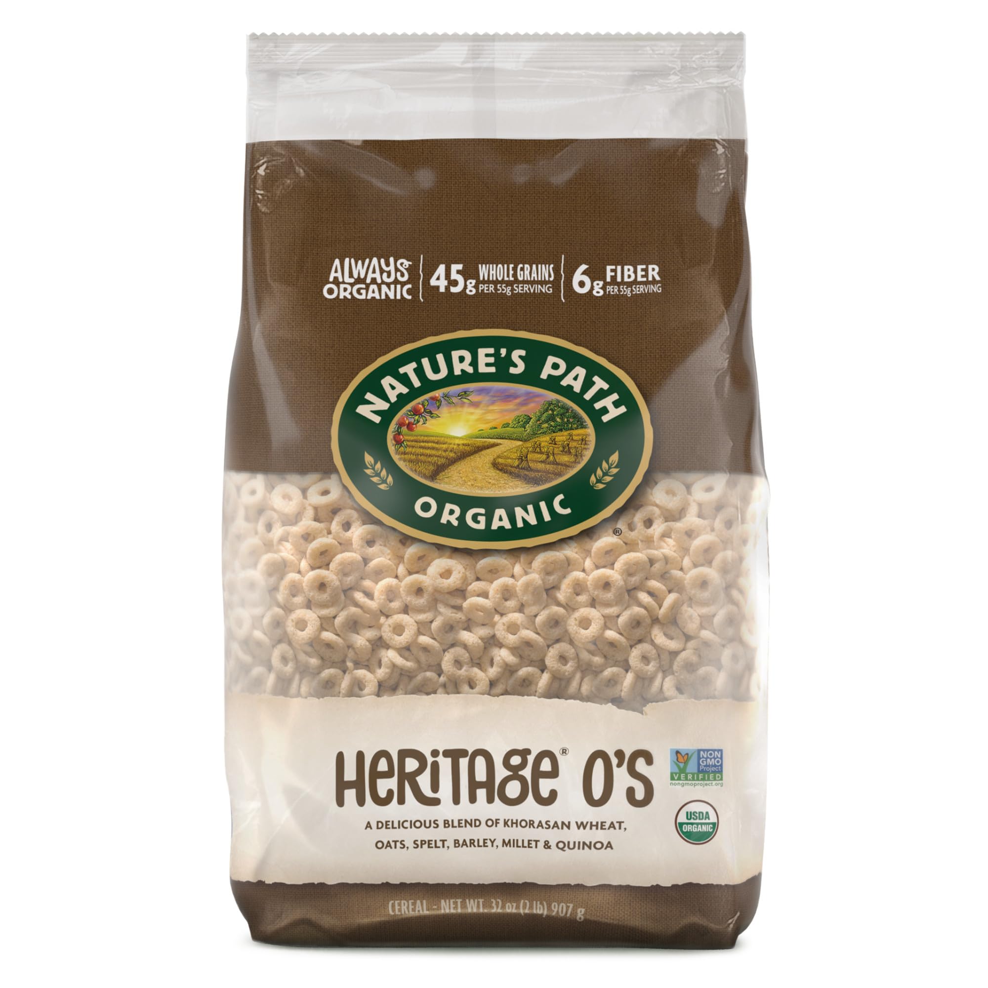 Nature's Path front packaging showing product branding and six ancient grains benefits