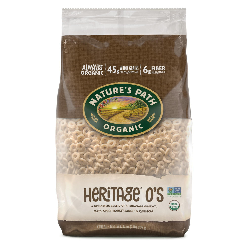 Nature's Path front packaging showing product branding and six ancient grains benefits