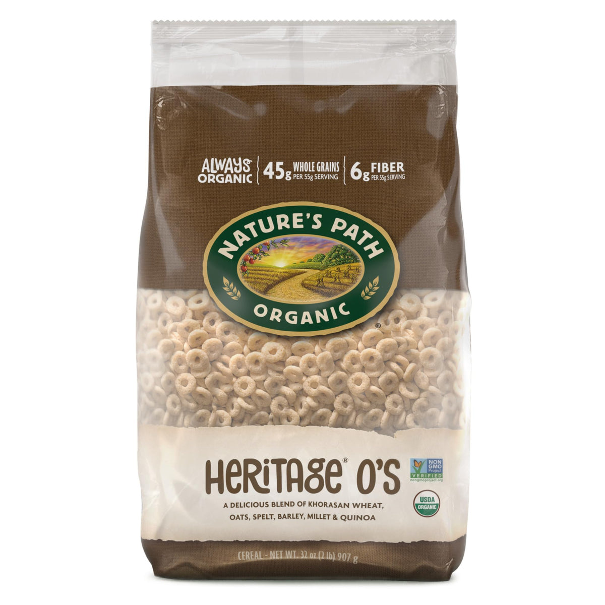 Nature's Path front packaging showing product branding and six ancient grains benefits