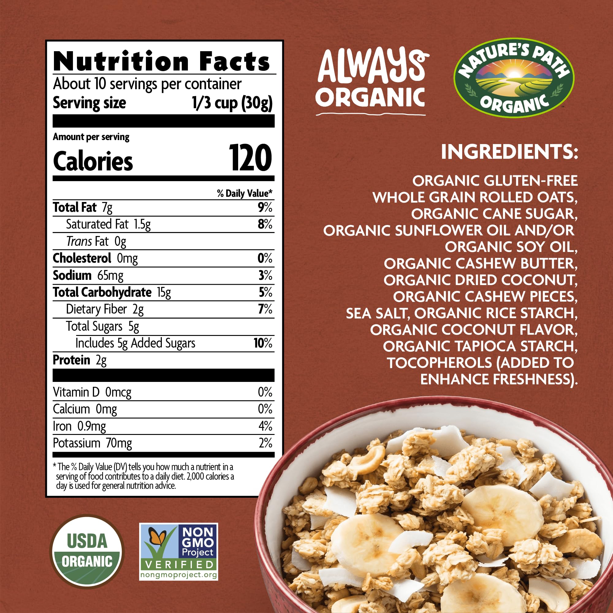 Nature's Path nutrition label and ingredient list emphasizing organic Non-GMO ingredients