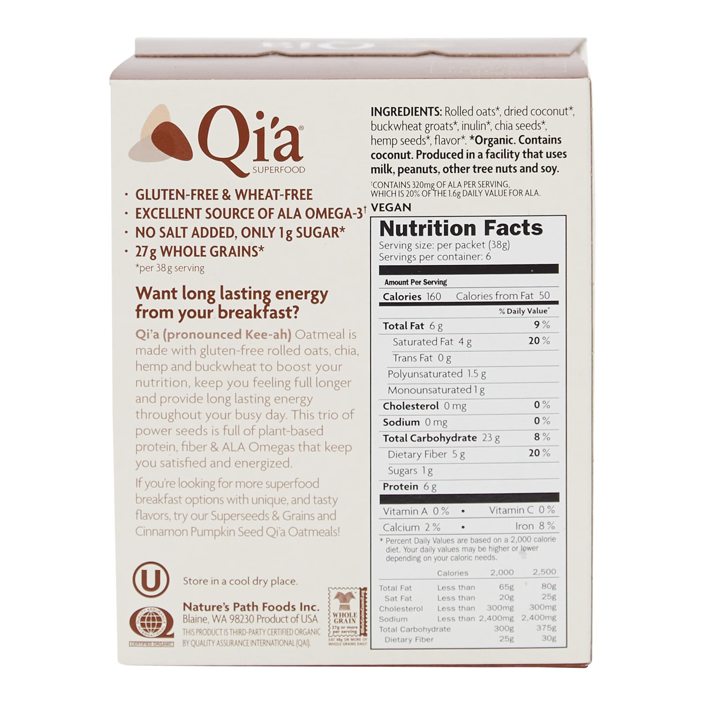 Nature's Path Qi'a prepared creamy coconut oatmeal in a bowl ready to eat