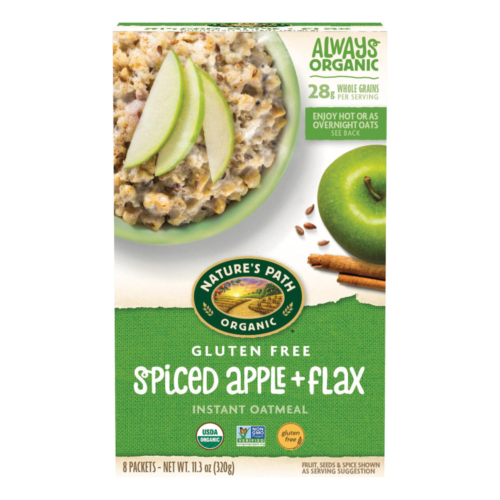 Nature's Path front packaging showing organic spiced apple + flax benefits