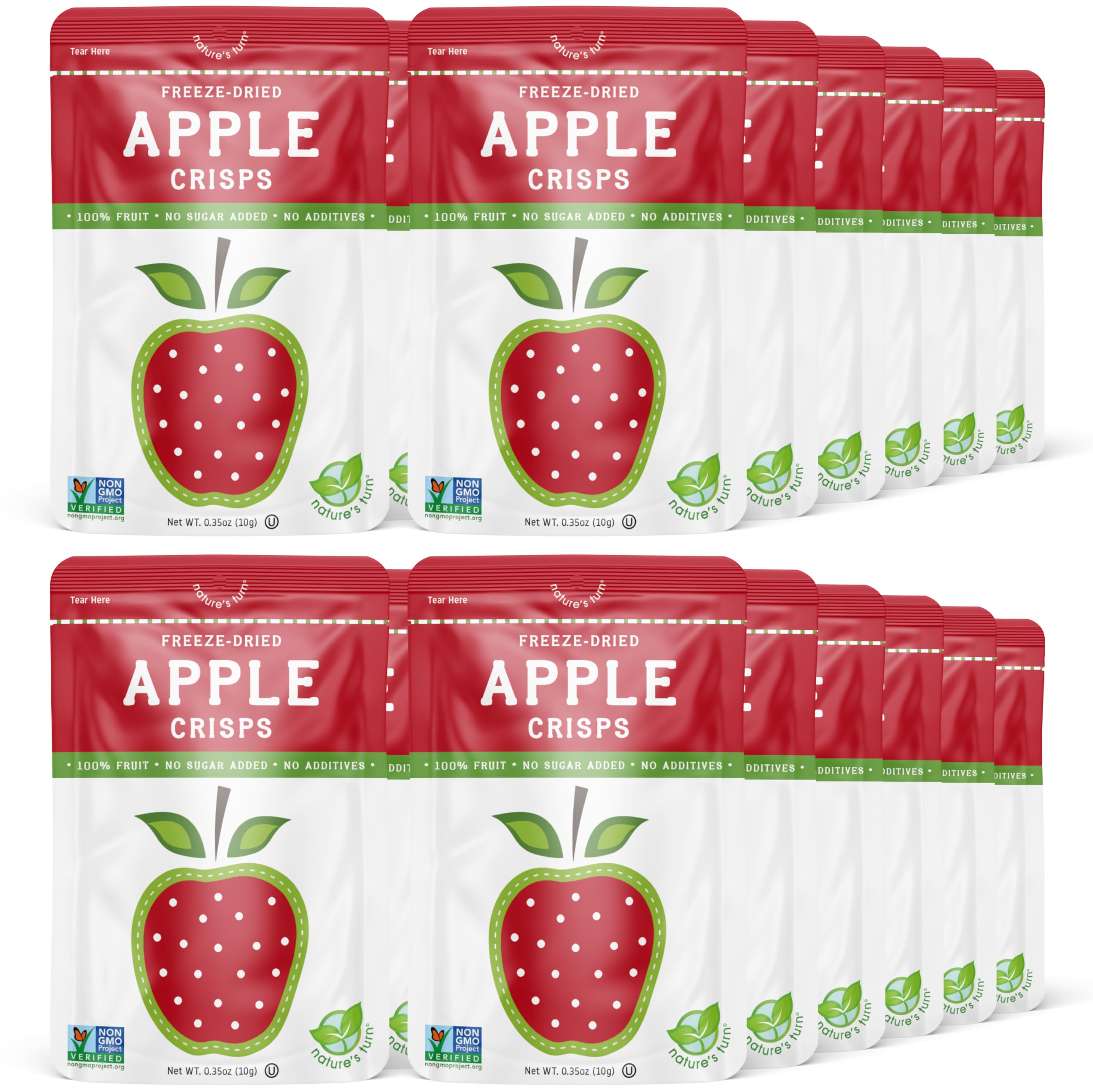 Nature's Turn front packaging showing 24-bag apple crisps and benefits