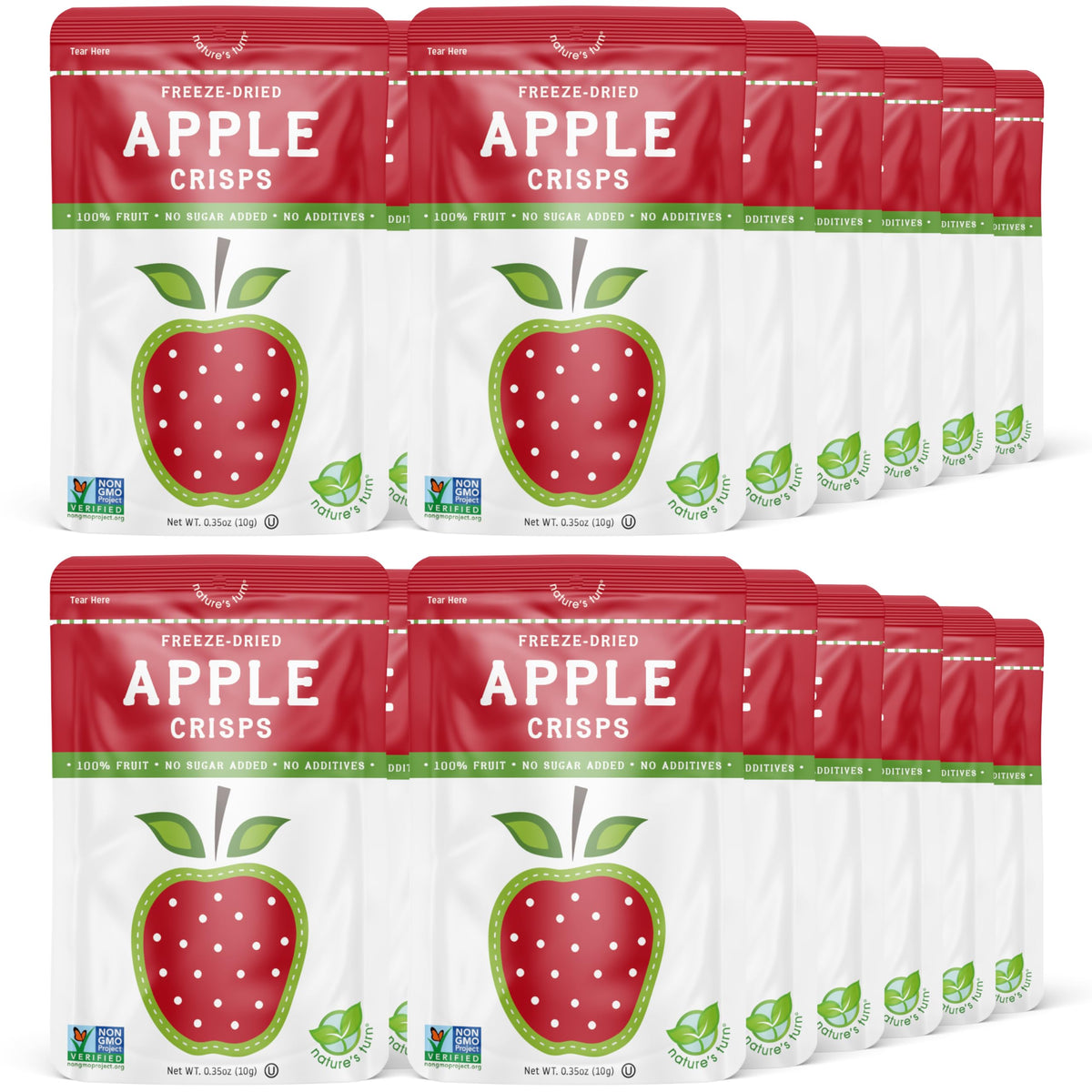 Nature's Turn front packaging showing 24-bag apple crisps and benefits