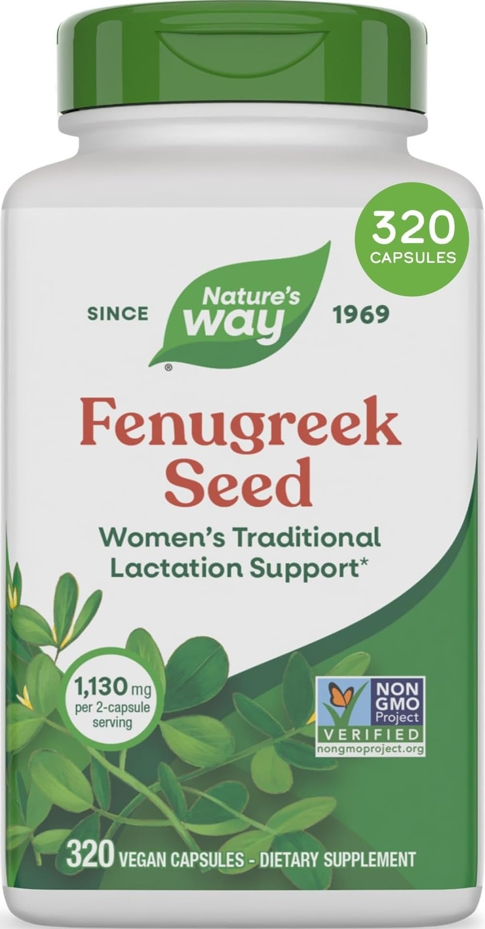 Nature's Way front label showing fenugreek seed capsules and benefits