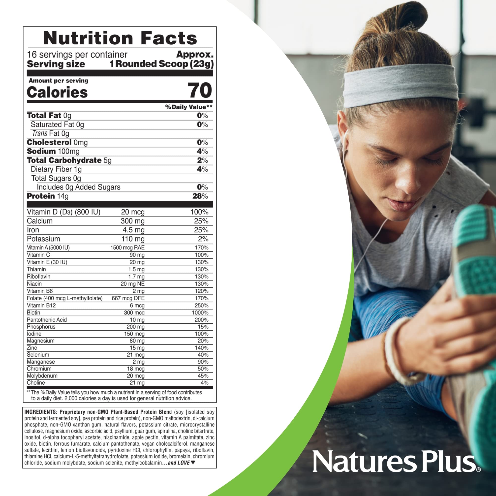 NaturesPlus SPIRU-TEIN label close-up highlighting nutrition facts and ingredients