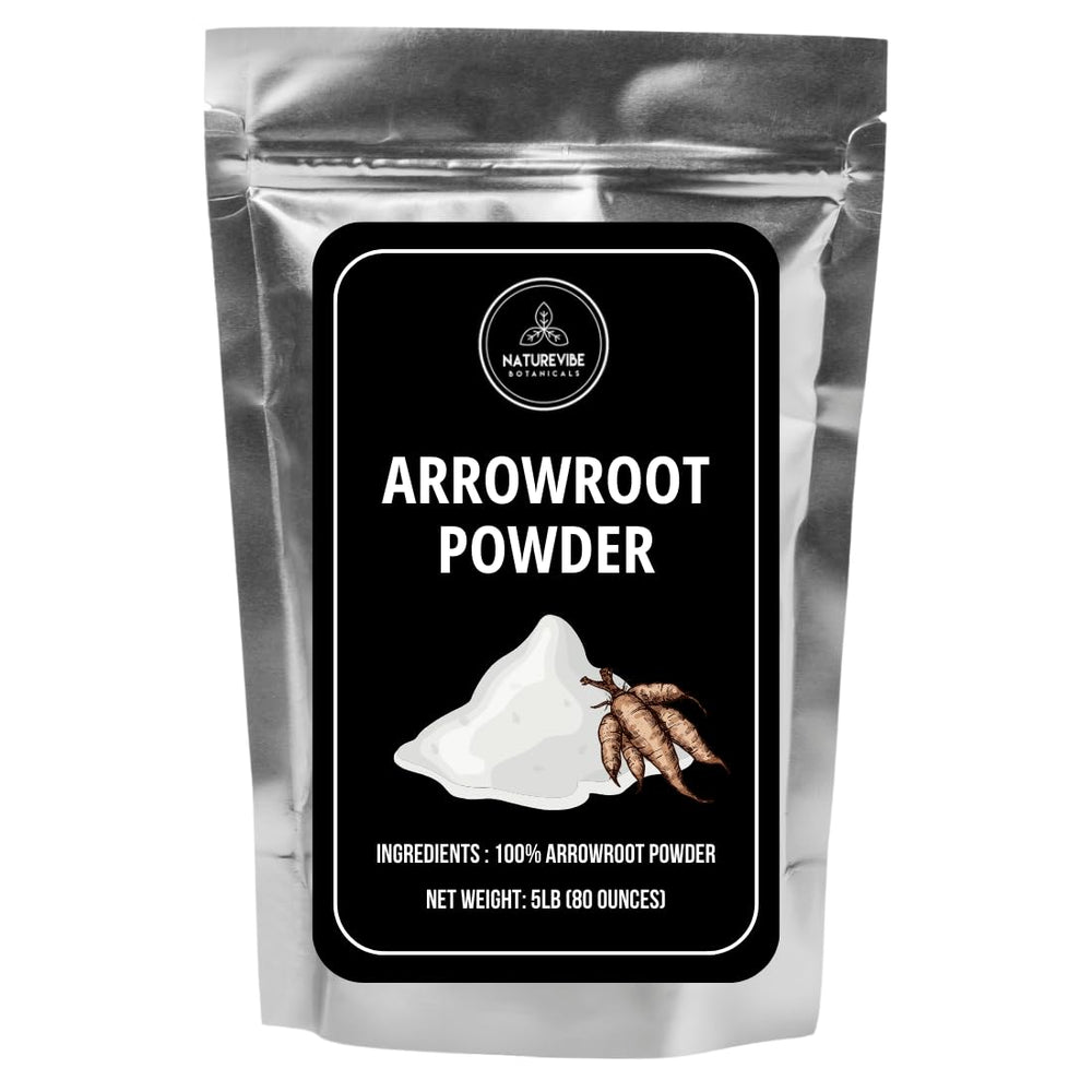 Naturevibe Botanicals front packaging showing 5 lb arrowroot bag and label benefit
