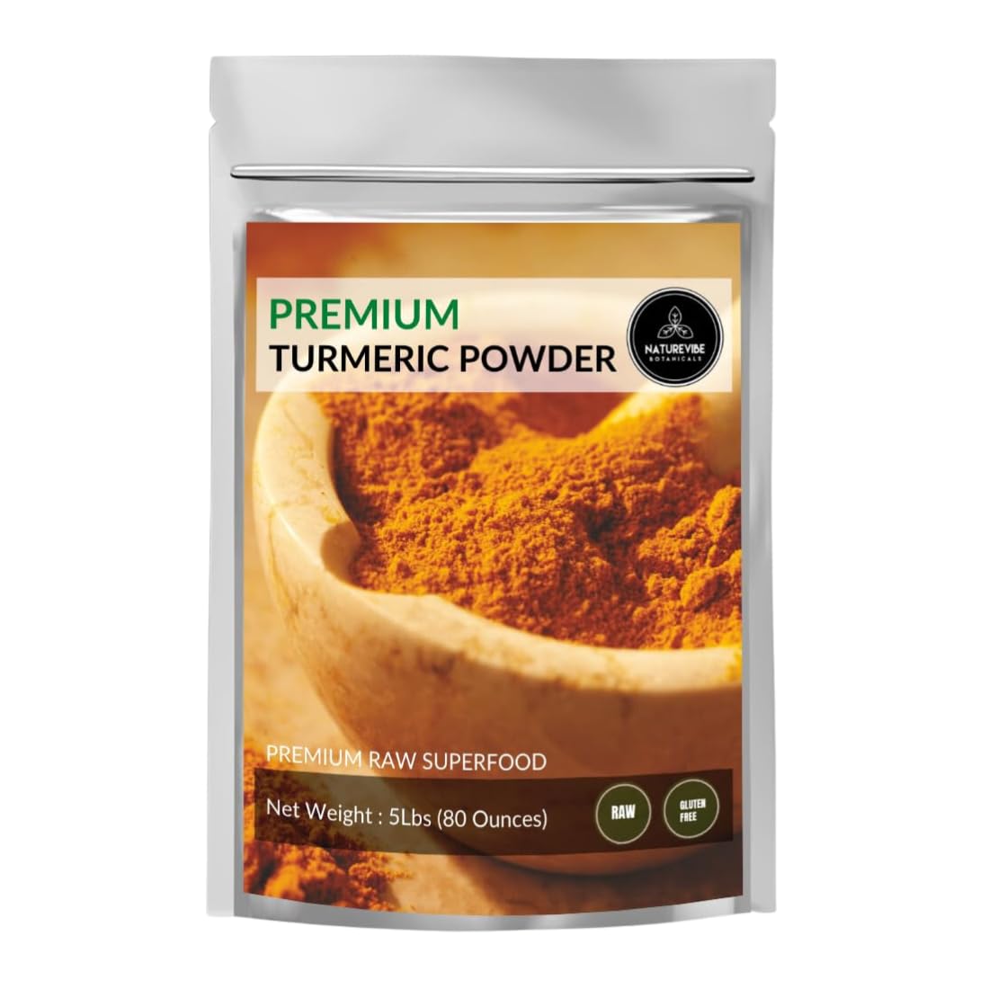 Naturevibe Botanicals front package showing 5-pound turmeric powder and clear labeling benefit: bulk supply