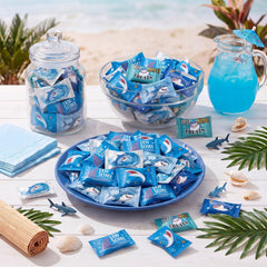Naucoos shark candies in decorative bowl adding themed color and easy self-serve appeal
