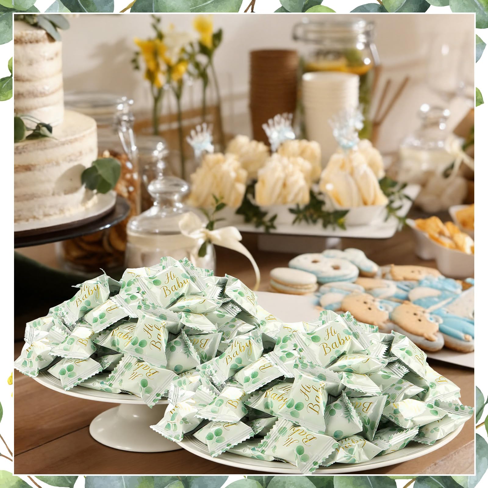 Naucoos candies arranged on a baby shower table — coordinates with sage decor