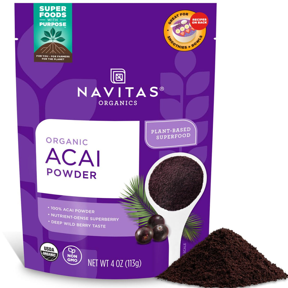 Navitas Organics front packaging showing bag and product branding benefits convenience