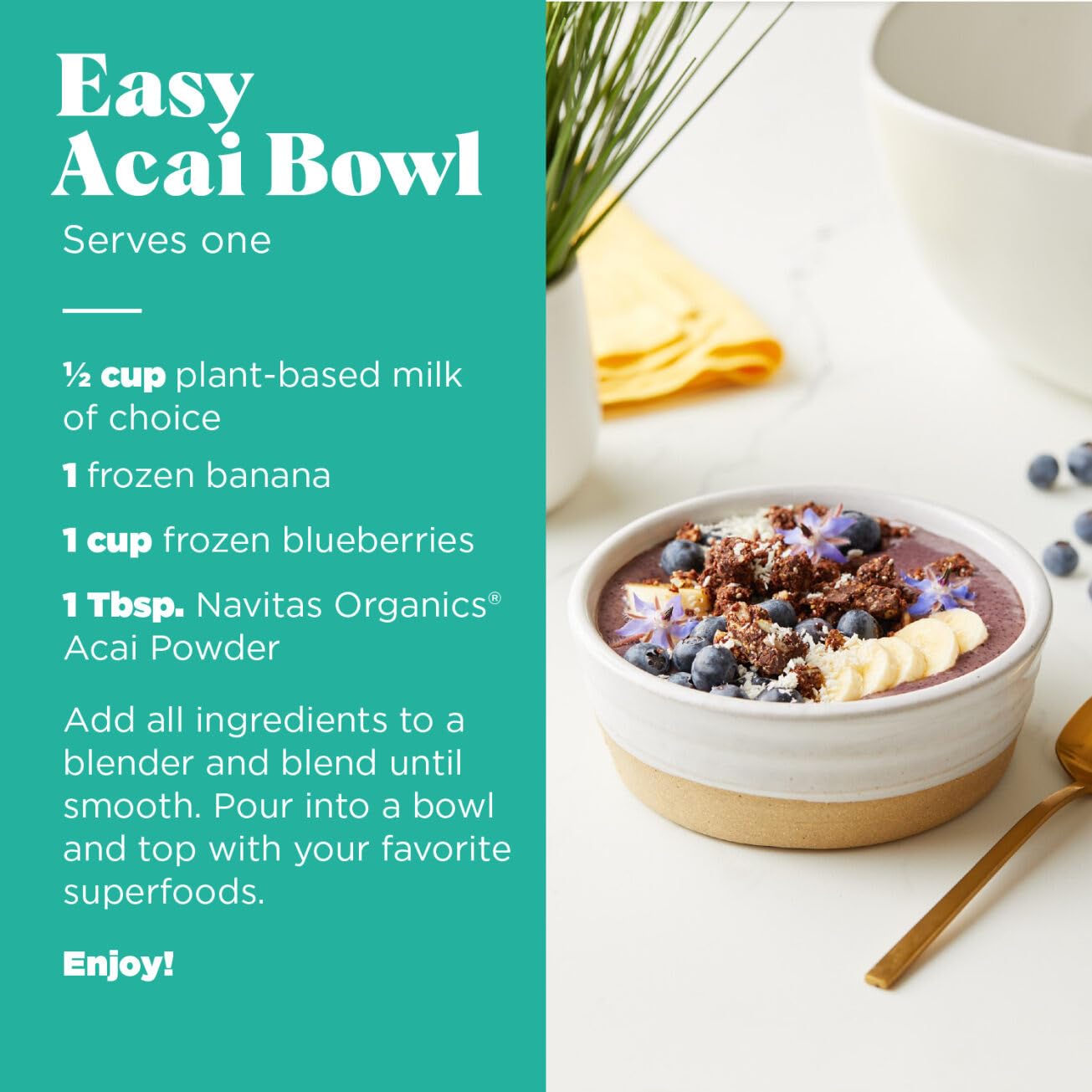 Navitas Organics powder in a scoop on a scale shows portion control and convenience